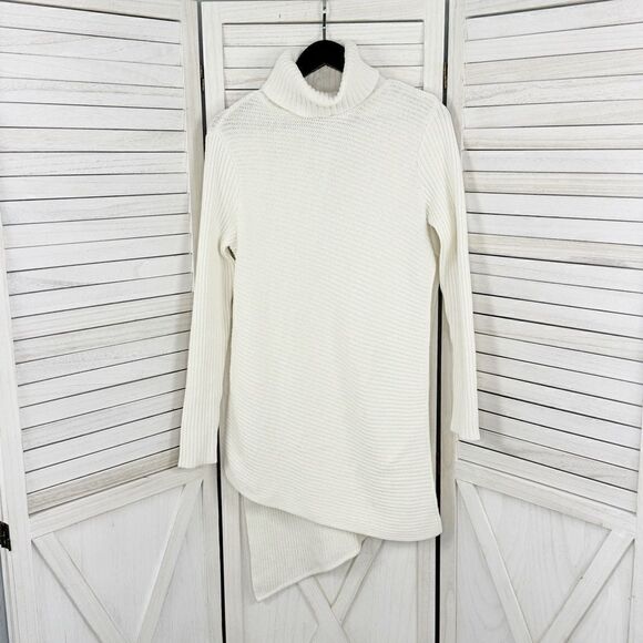 Express Ribbed Asymmetrical Hem Split Side Long Sweater Cream Large Turtle Neck - Picture 7 of 14